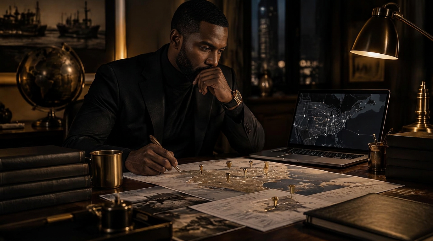 Entrepreneur planning logistics routes at a desk at night