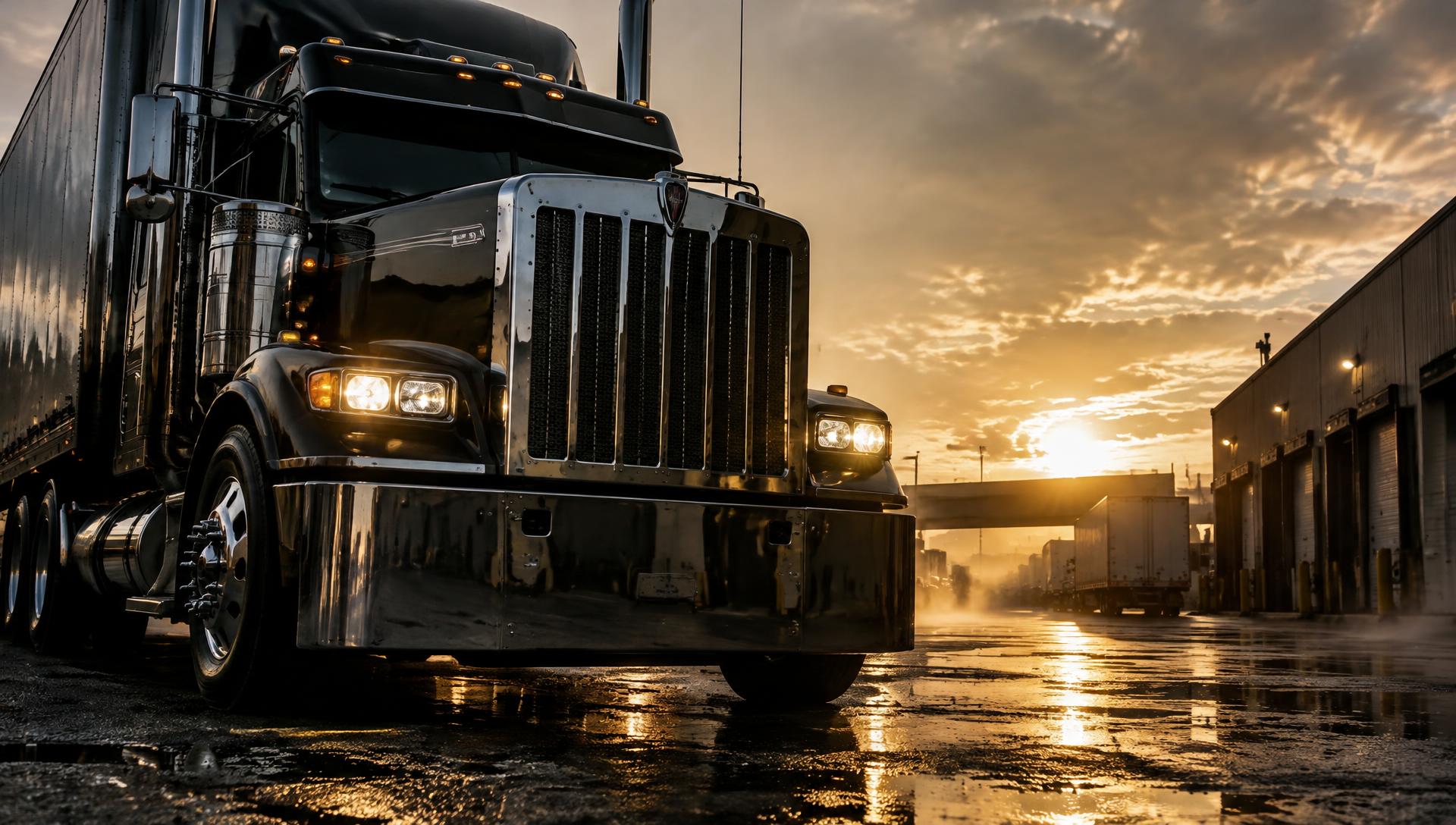 Chrome semi-truck grille at sunrise in a wet loading yard