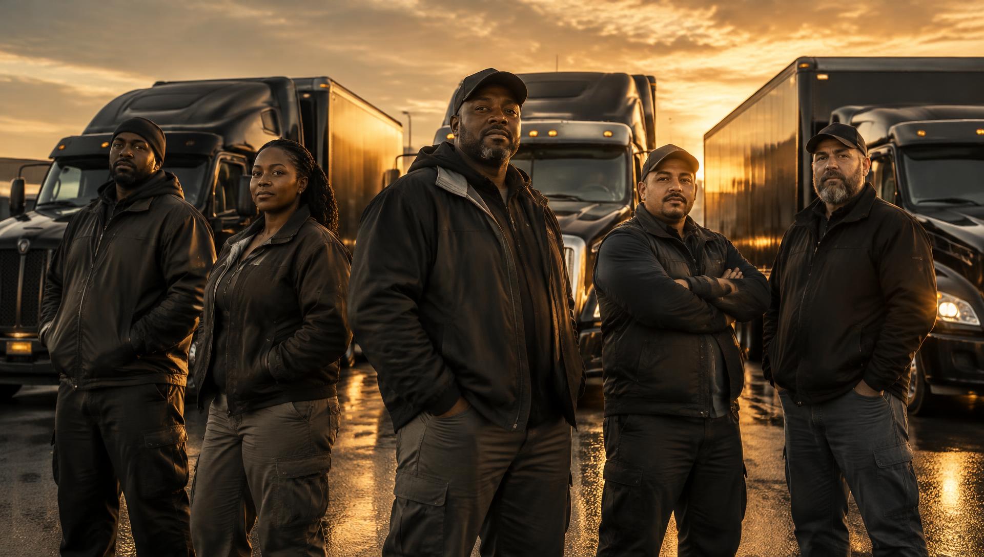 Team of REWORX drivers standing in front of their trucks at sunset