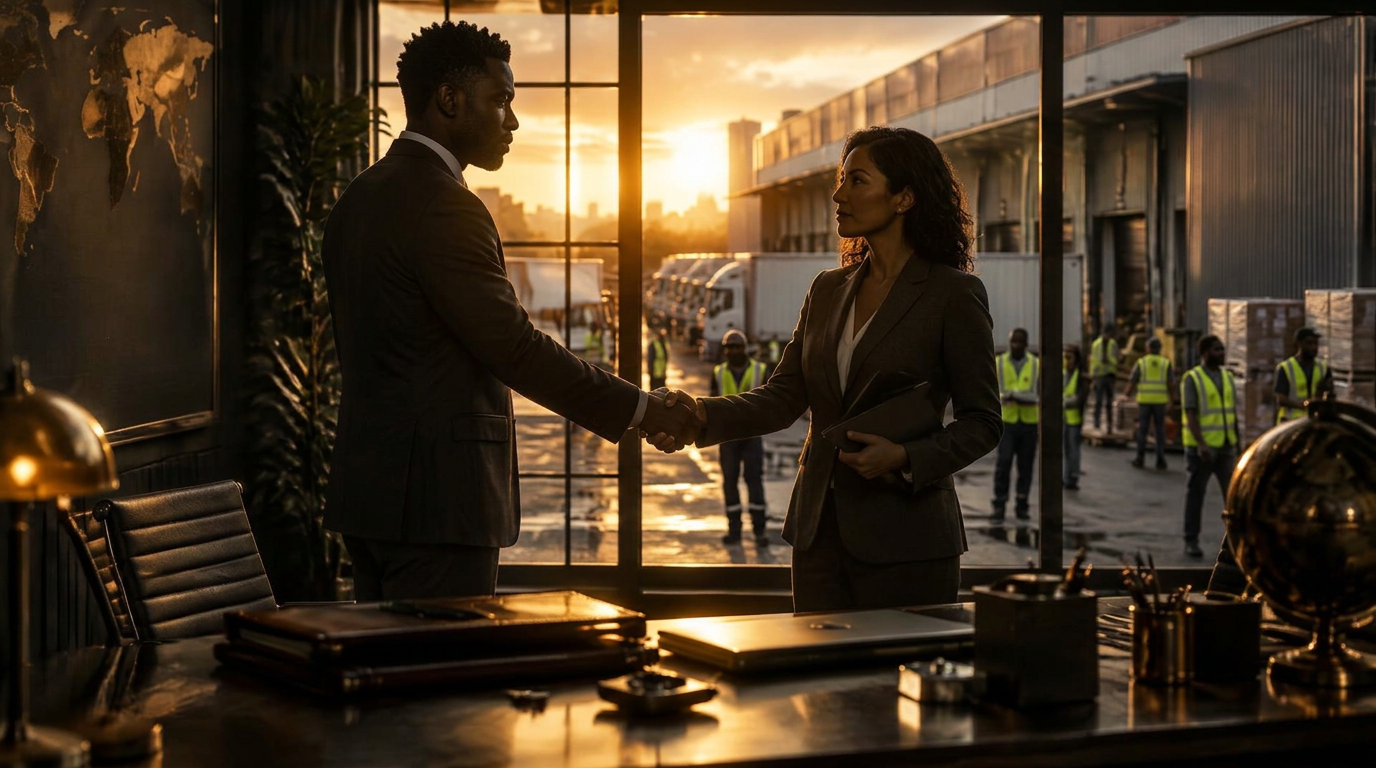 Business partners shaking hands overlooking a loading dock