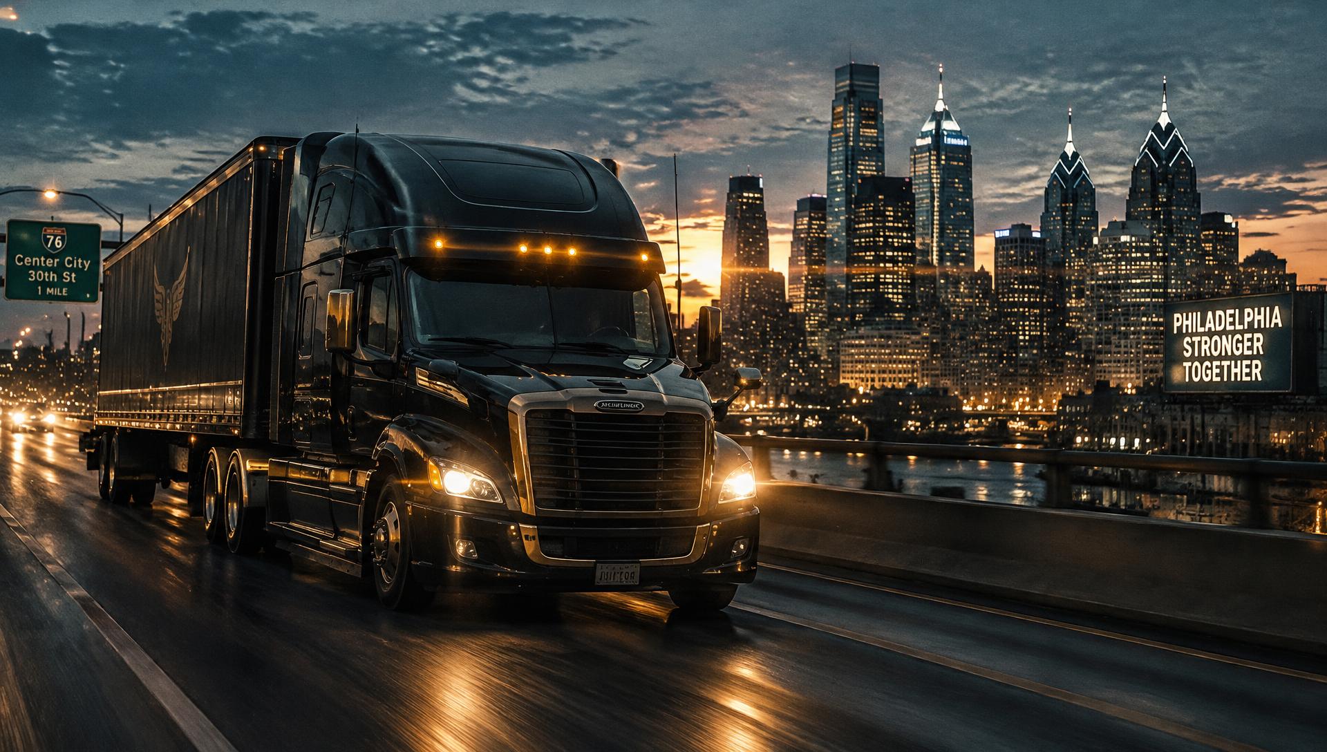 Black semi-truck on a Philadelphia highway at blue hour
