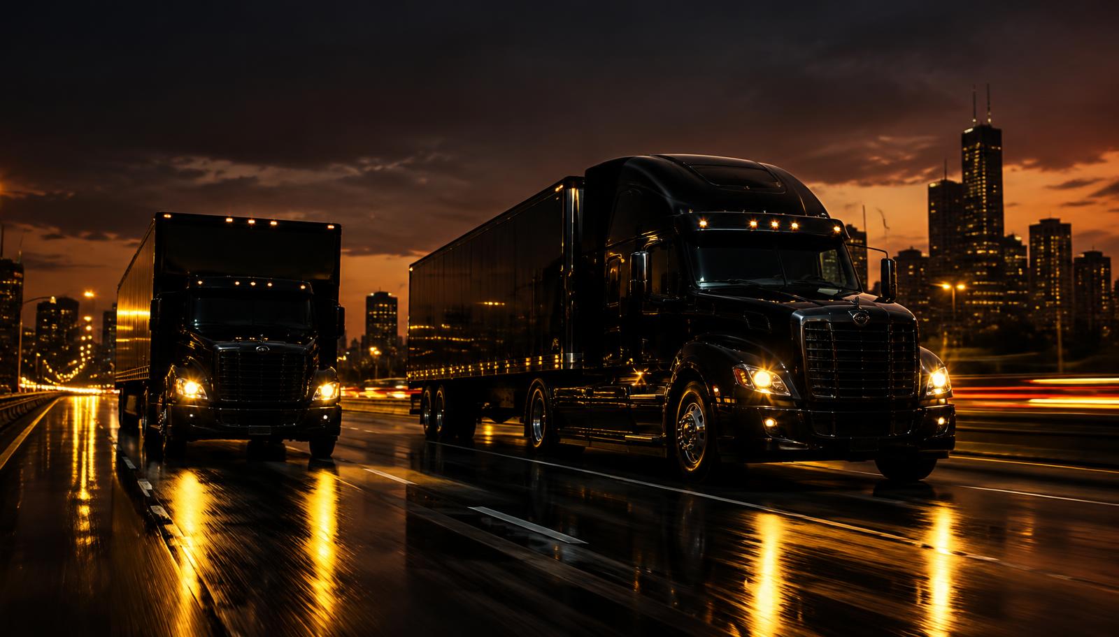 REWORX semi-truck and box truck on a city highway at night
